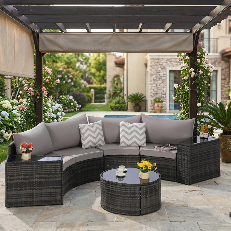 Ensemble 7 pièces de canapé modulaire demi-lune en osier avec table basse pour patio, jardin, terrasse, piscine, Gris clair