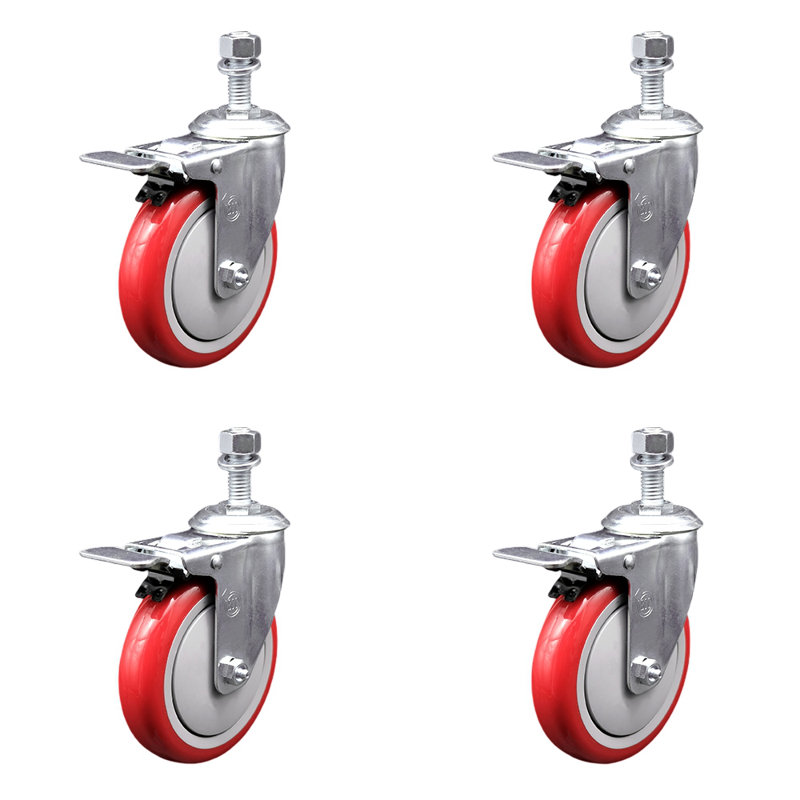 Ensemble de roulettes à tige pivotante en polyuréthane 5 mm 12 mm avec frein à verrouillage total, Orange
