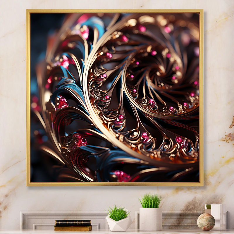 «Gold and Pink Hypnotic Spiral I - Abstract Spirals», art mural, Cadre flottant doré, H 36 po x l 36 po x P 1,5 po