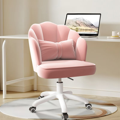 HDHNBA Petal Velvet Mid Back Swivel Vanity Desk Chair with Bow Cushion and Rolling Casters