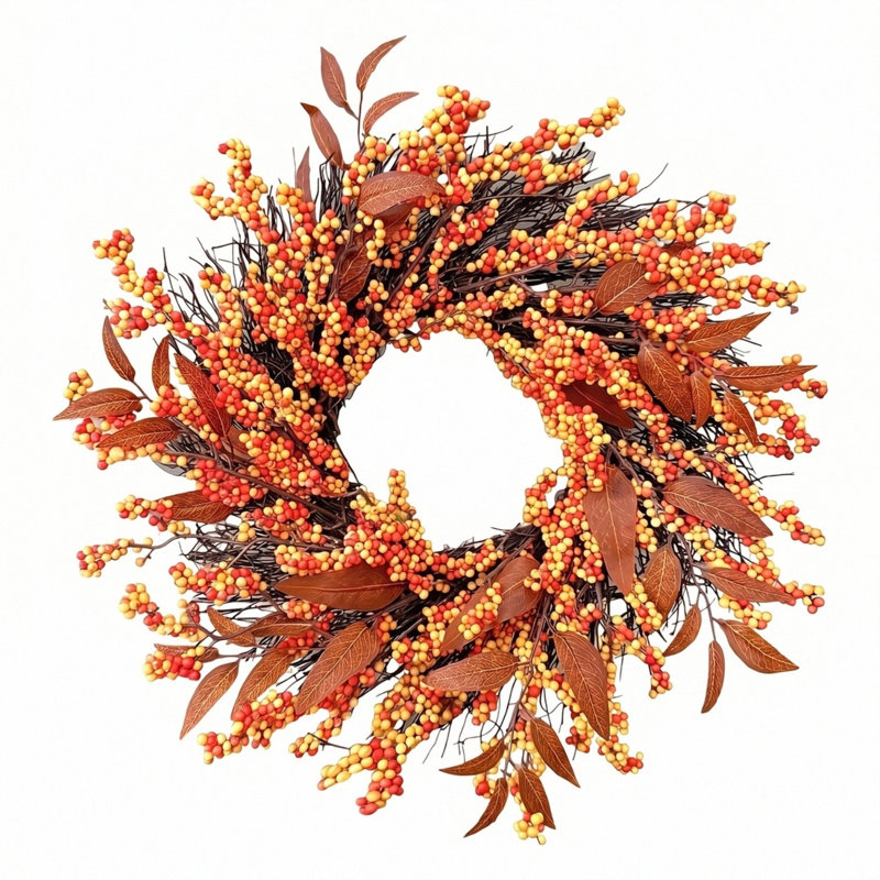 Couronne de baies artificielles 11,8 "avec baies orange / jaunes et feuilles brunes - décoration de porte d'entrée rustique d'automne
