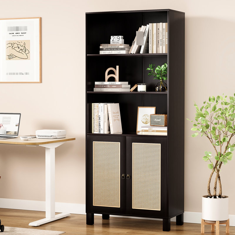 Bibliothèque à 5 niveaux en noyer avec portes pour la cuisine et décoration de salon, Walnut