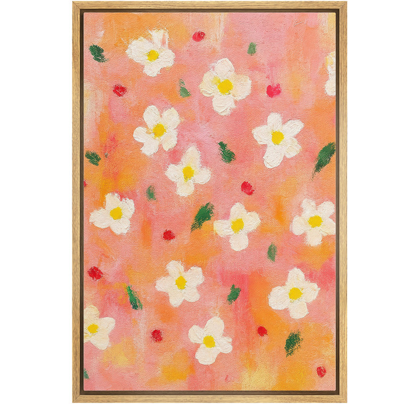 «Playful White Daisy» sur fond pêche chaleureux - images, reproduction d'art sur toile encadrée, H 36 po x l 24 po x P 1,5 po