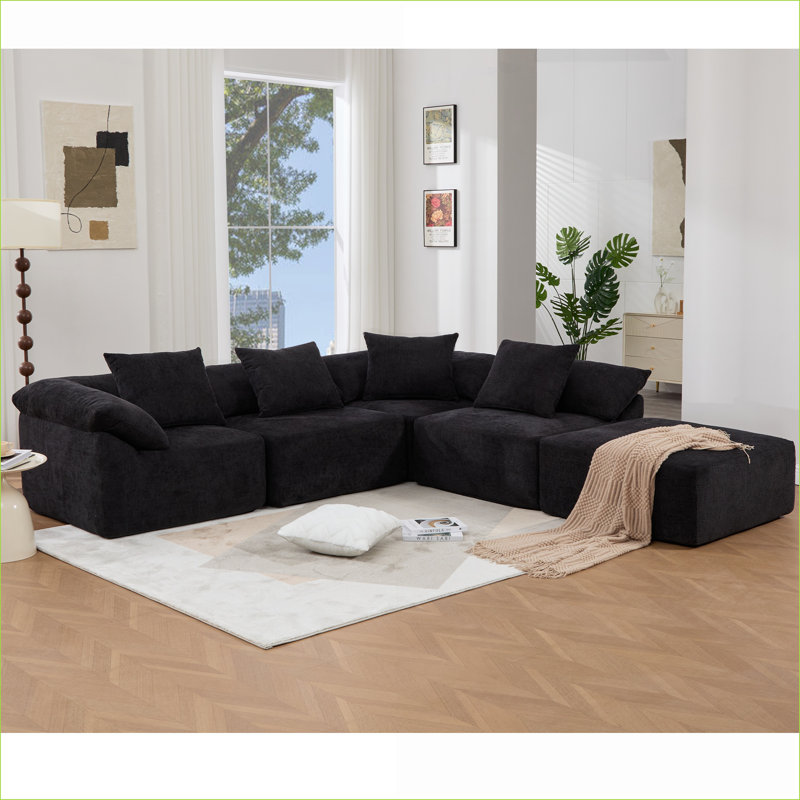 Canapé modulaire modulaire à 5 places en L 142 po pour salon modulaire | Noir | Rembourré, Chenille noir