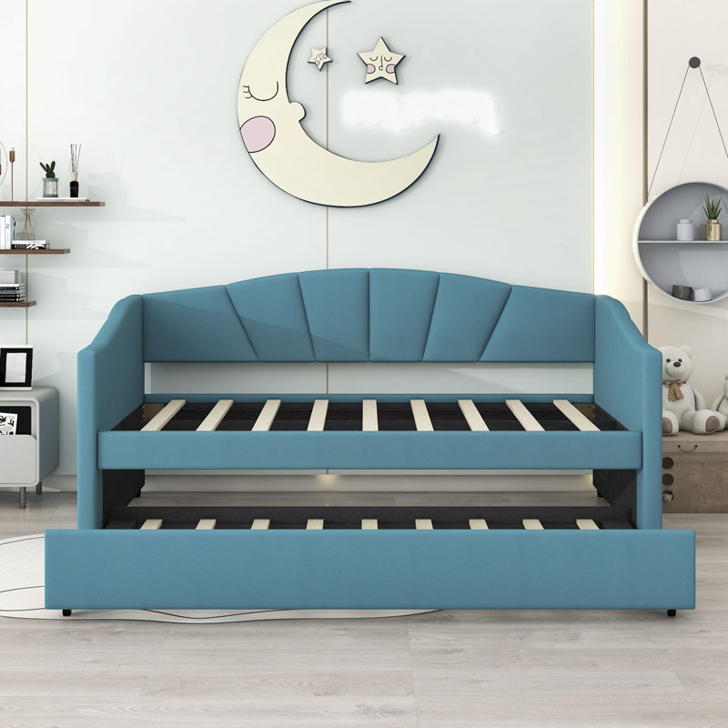 Alisha Twin Size Upholstered Daybed with Trundle, Blue
