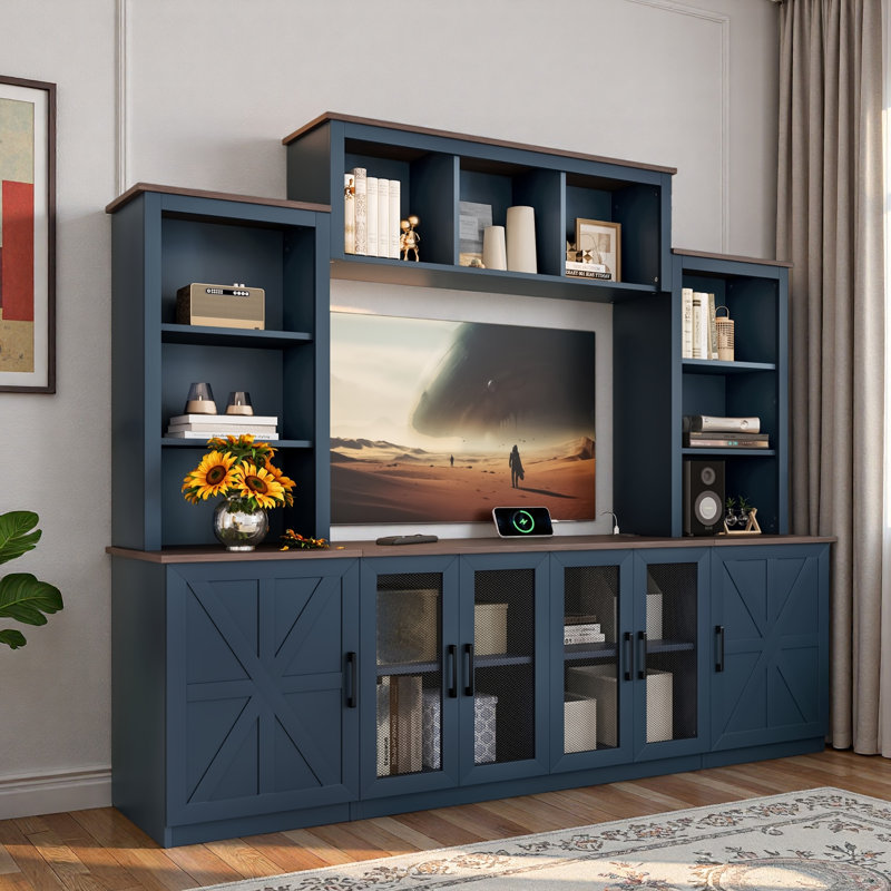 Wall Unit Entertainment Center Tv Stand With Charging Station, Large Storage Cabinet And Open Shelves, Blue