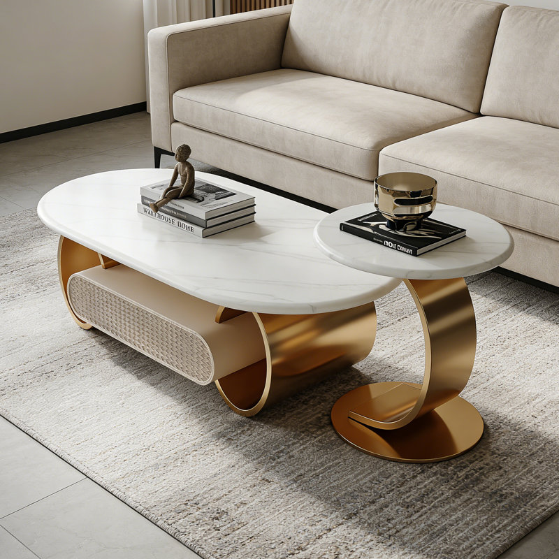 Ensemble de tables basses Modern, H 16,53 po x L 47,24 po x l 27,56 po, Plateau blanc / base or
