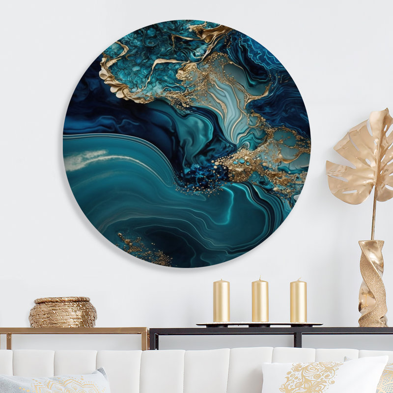 «Abstract Geode Turquoise I», art mural rond en marbre abstrait sur métal, L 29 po x H 29 po