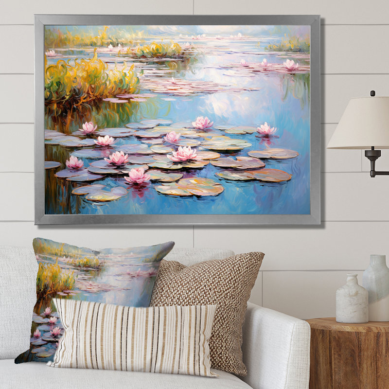 «Monets Water Lily Pond Reflections 3 - Lake», art mural, Cadre de coin argenté fermé, H 16 po x l 32 po x P 1 po