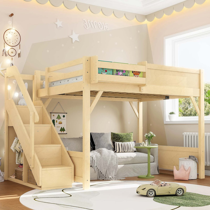 Lit mezzanine peu encombrant avec garde-robe et rangement intégrés, Naturel