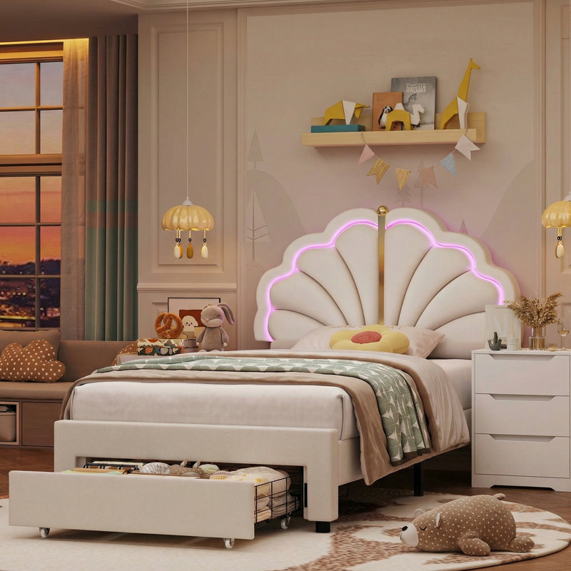 3-Piece Bedroom Sets, Upholstered LED Bed, Princess Bed Frame With Drawers, Off White, Full