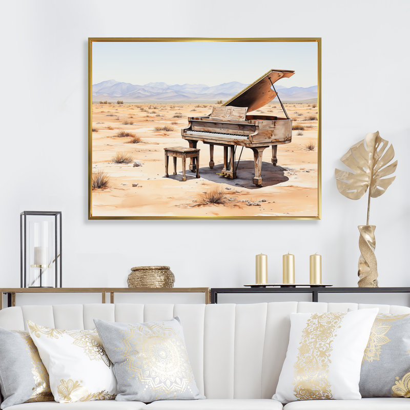 Desert Piano Melody II - Piano, art mural, Cadre flottant doré, H 34 po x l 44 po x P 1,5 po