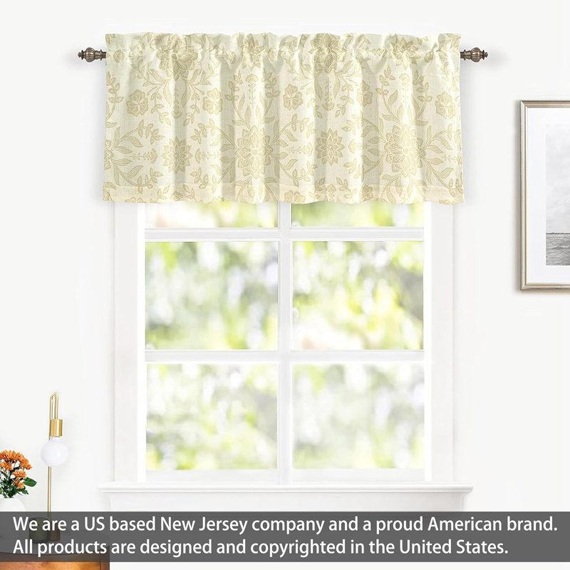 Ivory Beige Linen Blend Floral Blackout Window Valance, 52'' Wide