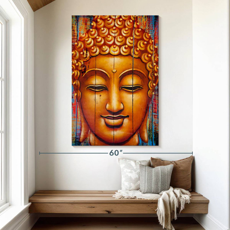 Leisha Buddha Face On Planks, 51" H x 34" W