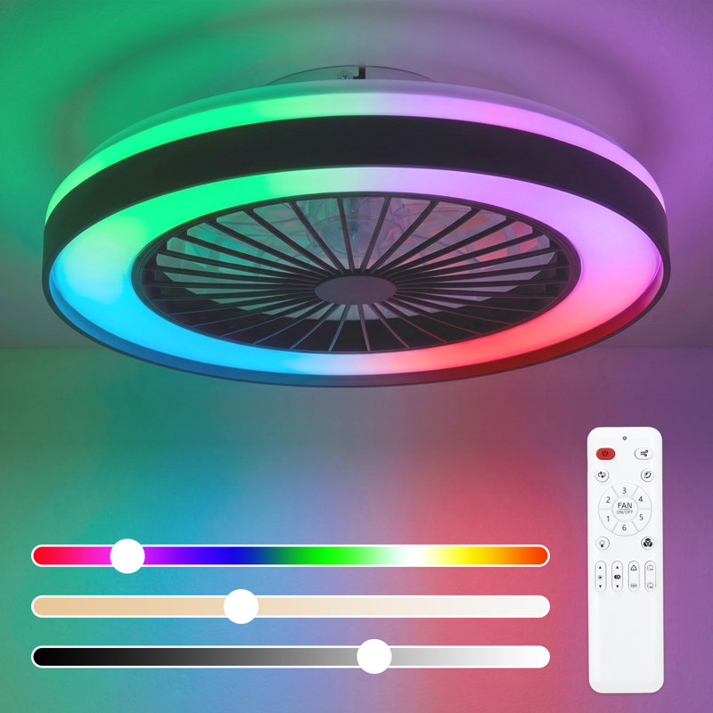 Ventilateur de plafond encastré 20 po avec lumières RVB - Ventilateur de plafond cage discret avec télécommande, noir