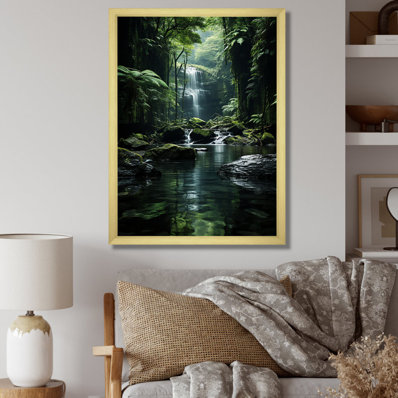 Waterfall Hidden Oasis Forest II, reproduction d'art sur toile, H 32 po x l 16 po x P 1 po, Cadre doré simple