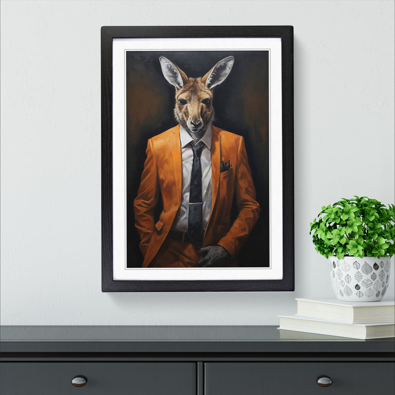 Kangaroo In A Suit Painting - Single Picture Frame Print on Wood, Black Framed, 46cm H x 34cm W x 2cm D