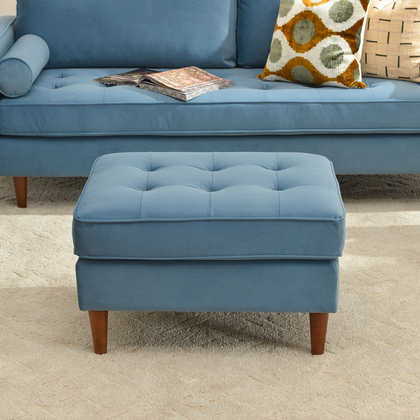 Geo 30" Linen Upholstered Ottoman, Light Blue, Velvet