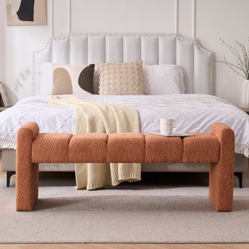Laytona 54" Boucle Upholstered Bench with Arm and Channel Tufted, Orange