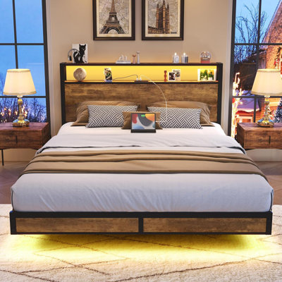 Platform Bed With 2 Tier Storage Headboard, Built-In Charging Station & Led Lighting by Alwyn Home