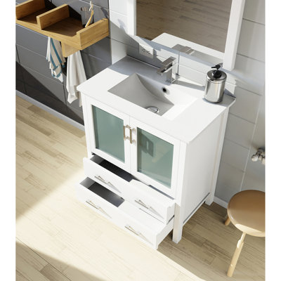 White Ceramic Top Bath Vanity Including Faucet And 28" W X 32" H Mirror - 30" 18.25" D With Faucet, Included