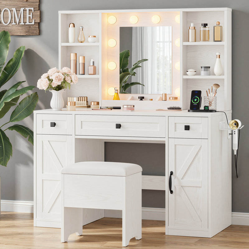 43" White Farmhouse Makeup Vanity Desk With Led Lighted Mirror, Charging Station, 3 Drawers, Storage Shelves And Stool
