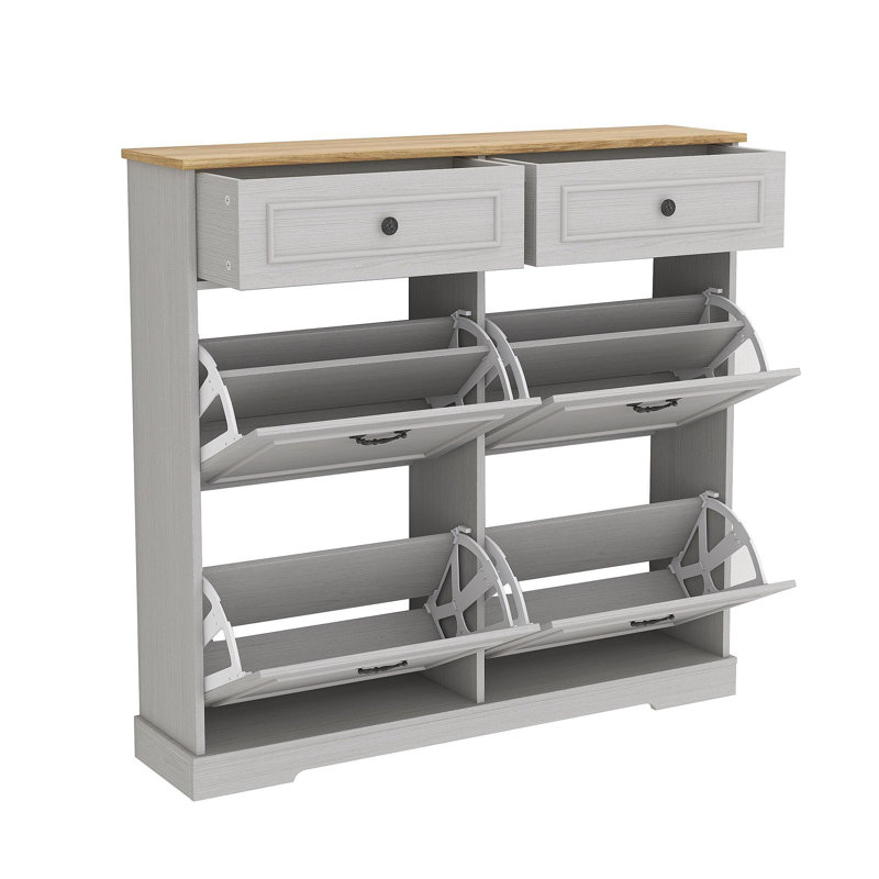Range-chaussures avec 2 tiroirs, 4 tiroirs rabattables, range-chaussures autoportant avec tablette réglable, range-chaussures pour vestibule, vestibule, range-chaussures mince - blanc antique