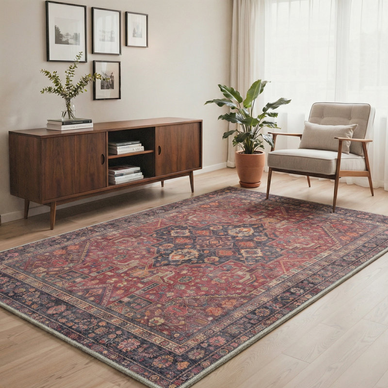 Tapis persan rouge et bleu Astoria Grand Vintage, Rectangle 6 pi x 9 pi