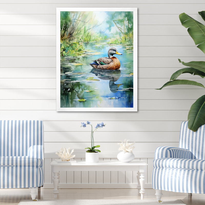 Duck Pond Reflections III - Art mural animal de canard, Cadre simple blanc, H 20 po x l 12 po x P 1 po