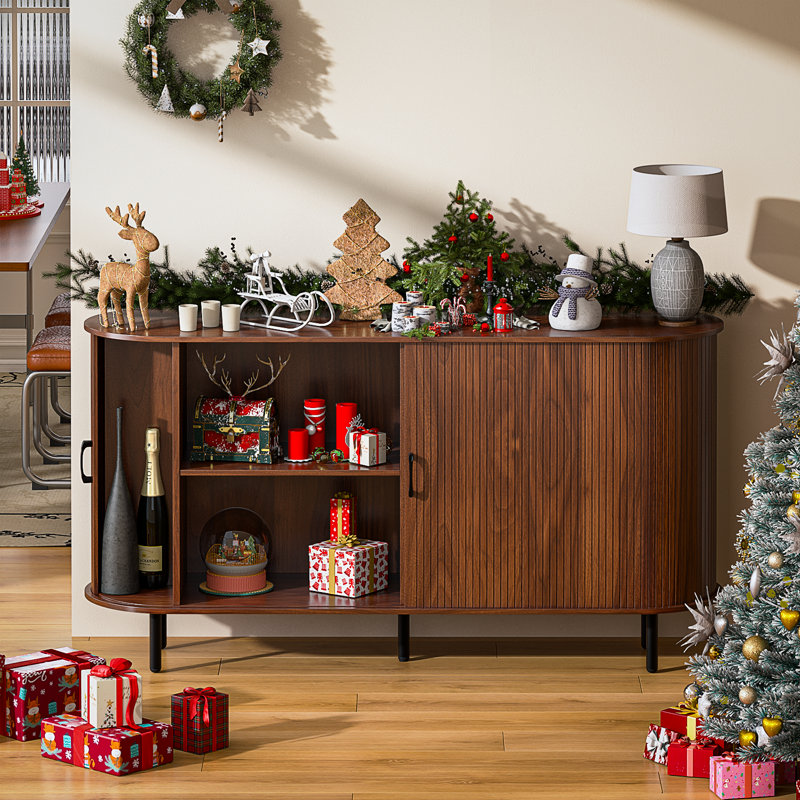 Buffet en bois avec rangement 55 po, armoire à café de style Mid-Century avec portes et tablettes coulissantes, console d'appoint pour cuisine, salle à manger, vestibule