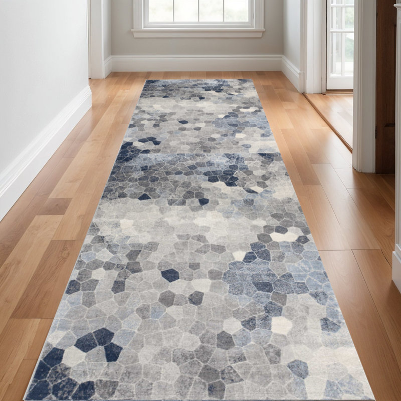 9' Blue Beige And Gray Cobblestone Runner Rug