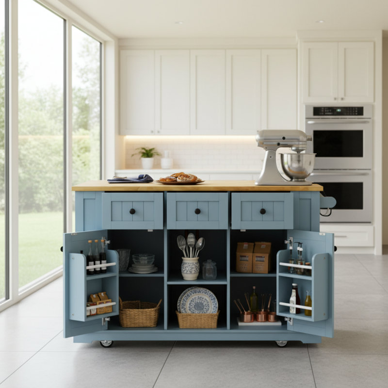 Grand chariot d'îlot de cuisine mobile, gris-bleu, avec table pliante, prise de courant, tablette latérale, support de rangement, 5 roues, ensemble de cuisine domestique deux pièces.