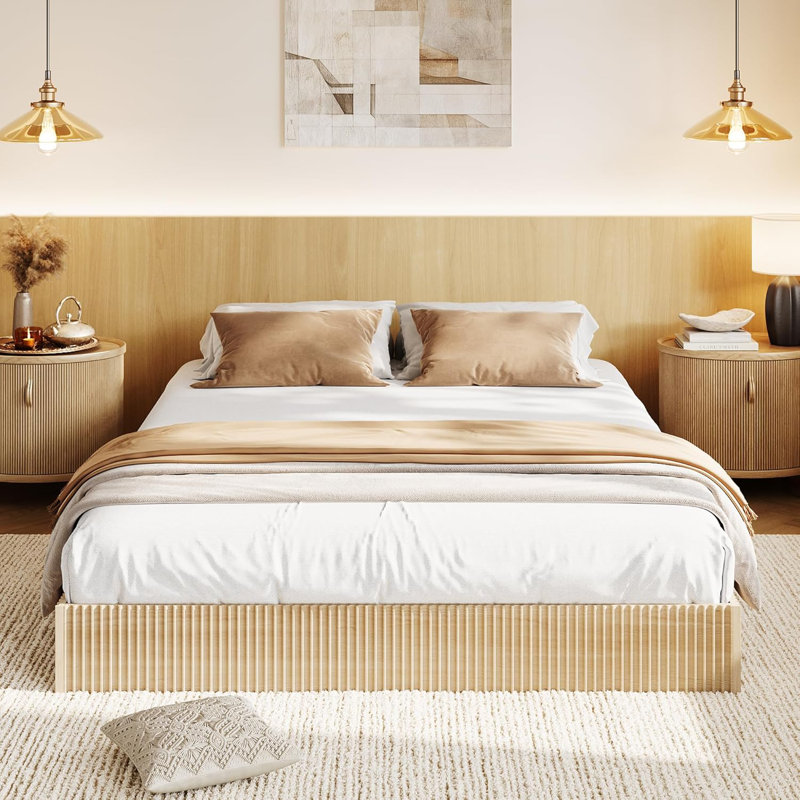 Full Wood Platform Bed Frame, Fluted Panel Style, Strong Wooden Slats, Quiet Sleep, Oak, Full , Ivory