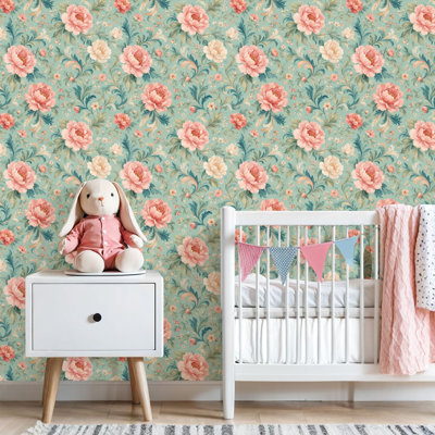 Peler et coller papier peint floral pivoines roses feuilles vertes turquoise contact papier mural amovible auto-adhésif décoration murale pour armoires de cuisine de chambre à coucher 17,7 po x 118 po