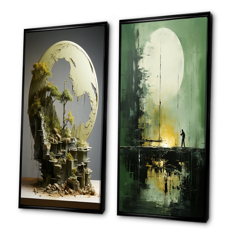 Moon Moss Mystery Reflections - Moon, ensemble de 2 reproductions d'art sur toile, Cadre noir, H 28 po x l 25 po