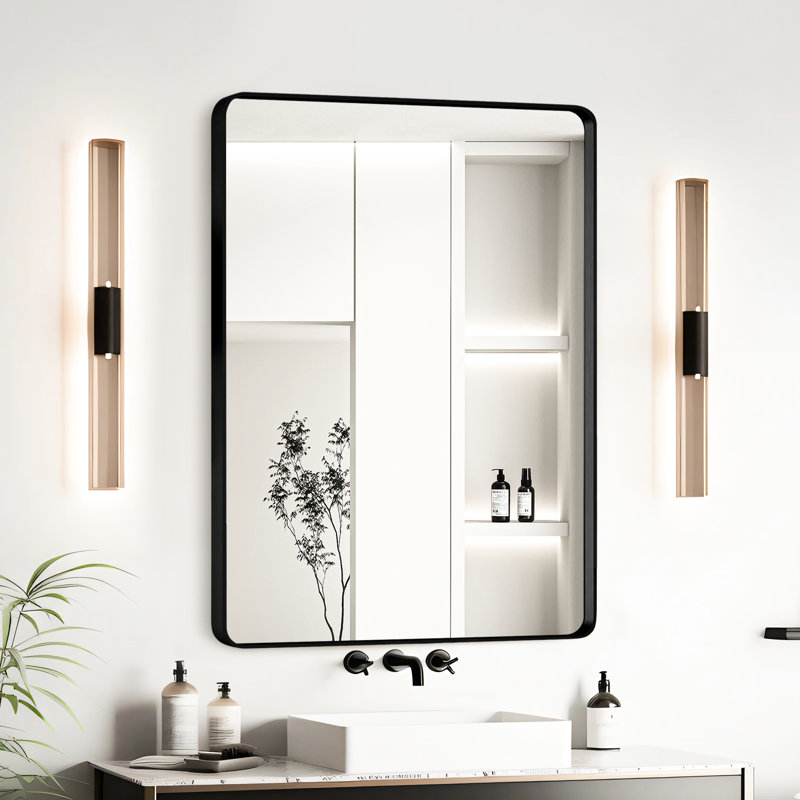 Miroir de salle de bain 20 po x 30 po avec cadre en aluminium noir - verre trempé pour un reflet net, cadre rouillé, preuve, suspension sécurisée avec supports en Z, conception de cadre de protection, lignes transparentes, non, preuve,