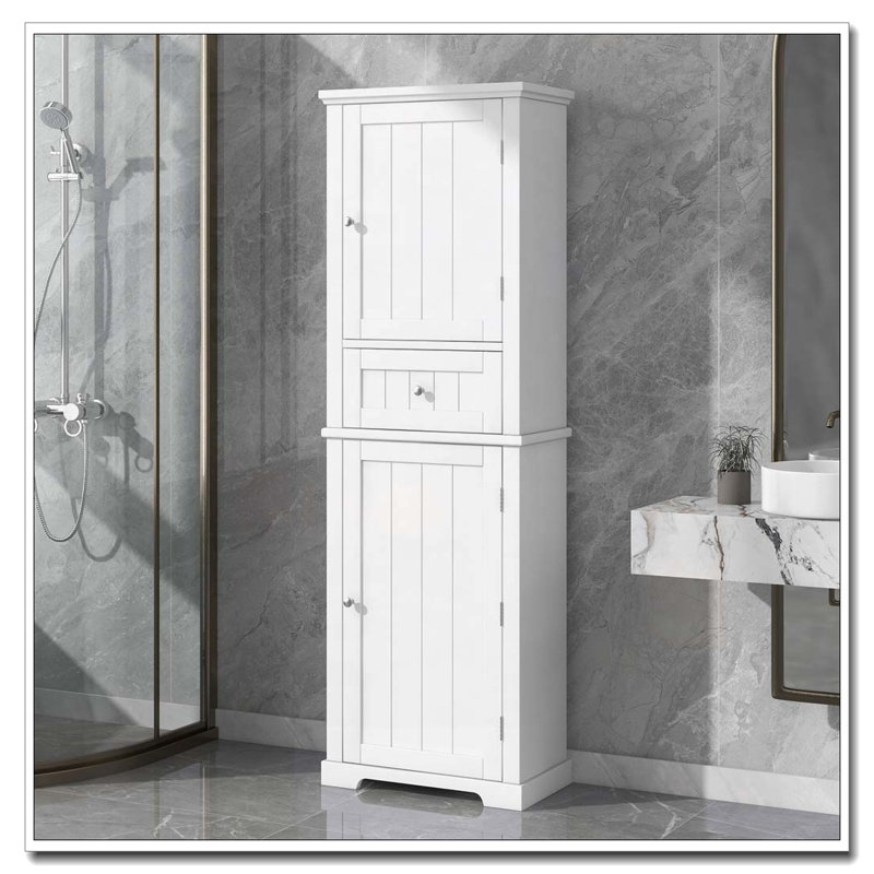 Freestanding Bathroom Storage Cabinet with Doors and Drawers, Adjustable Shelf, White