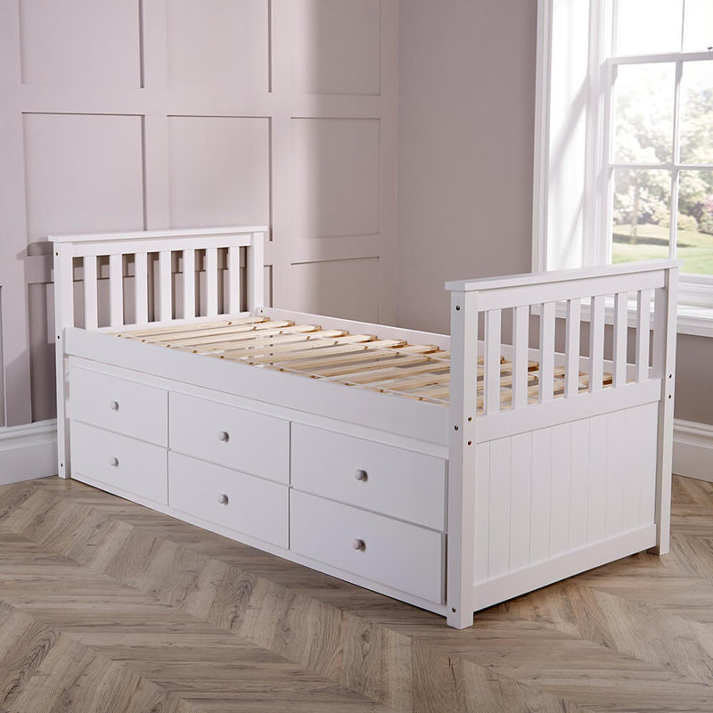 Kanagy Solid Pine Cabin Bed 3Ft Single Pull Out Guest Bed With 3 Storage Drawers, White