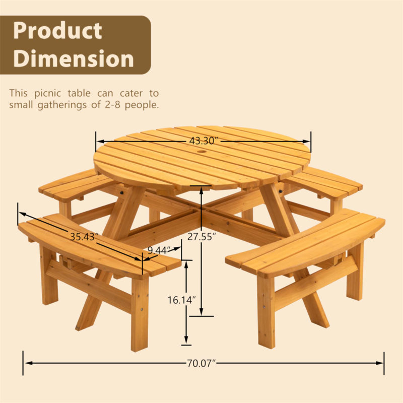 8 Person Wooden Picnic Table, Outdoor Camping Dining Table With Seat, Garden, DIY W/ 4 Built-In Benches, 2220Lb Capacity