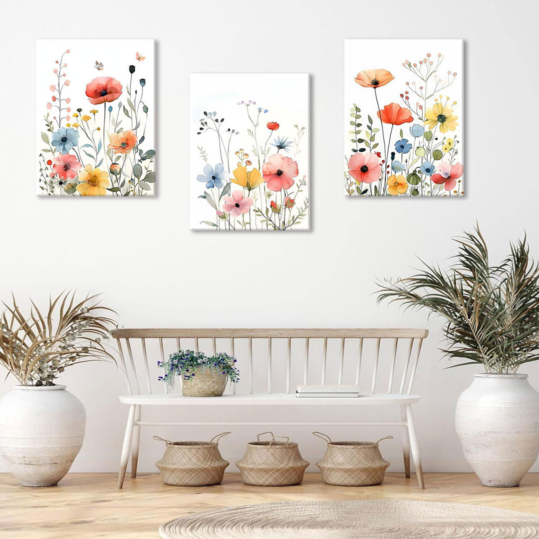 Framed Colorful Wildflower Canvas Wall Art Set Of 3 Flowers Pictures Prints Flowers Printing Floral Watercolors Flower Wall Decor Living Room Girls Be