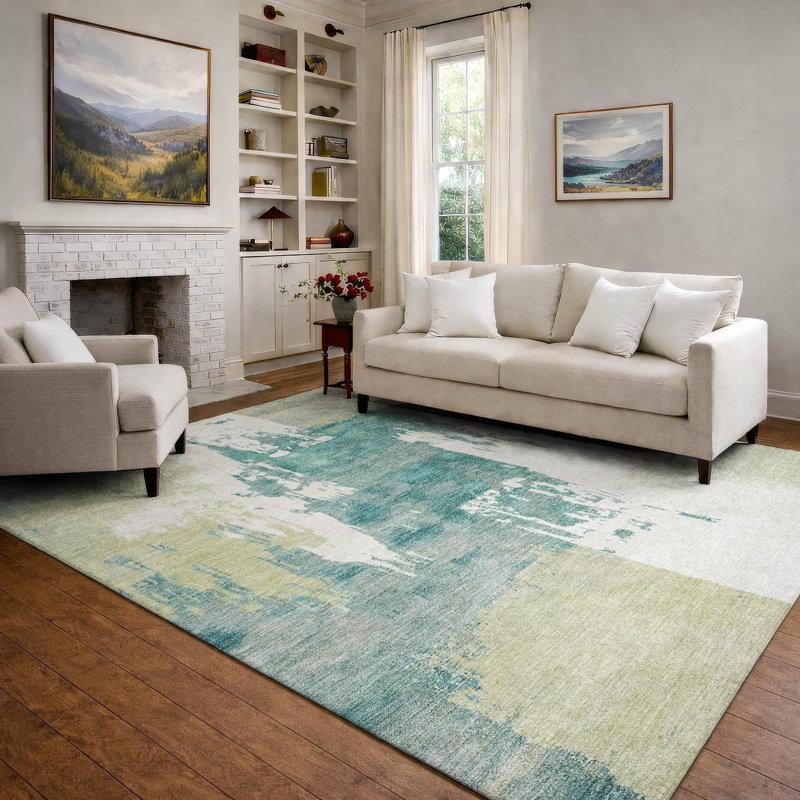 Premium Machine Washable Mayfield AMF2347 Abstract Rug, Aloe, 5' x 7'6"