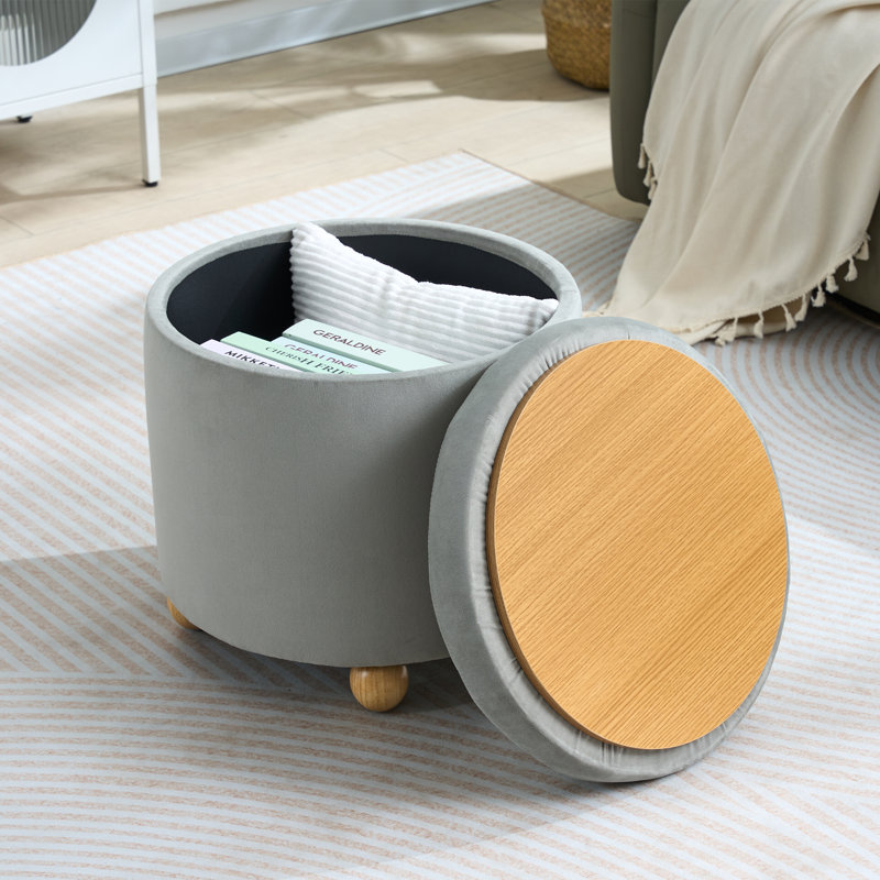 Upholstered Round Storage Ottoman, Tufted Velvet Ottoman, Footrest Stool with Tray, Gray