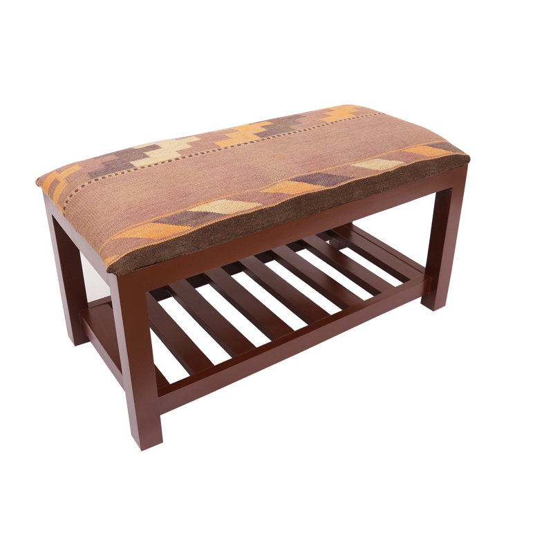 Wool Upholstered Storage Bench, Orange/Purple/Beige Geometric, 21" H x 36" W x 18" D