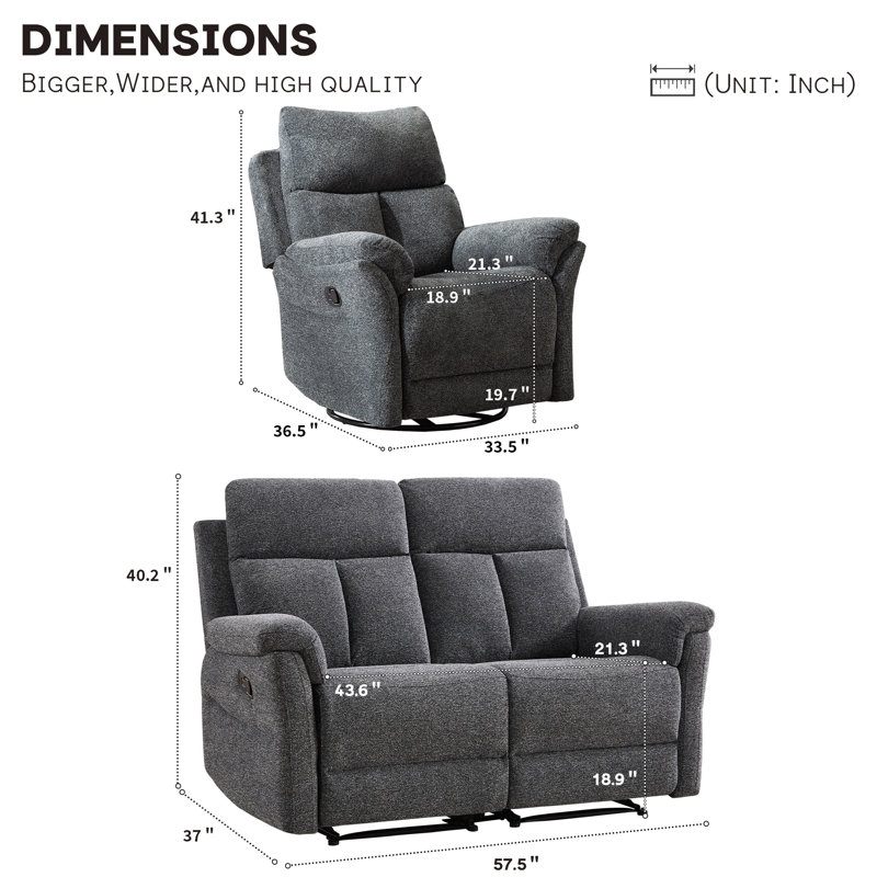 Ensemble de salon inclinable manuel 2 pièces en chenille avec pivot à 360 ° et fauteuil inclinable contemporain 2 pièces