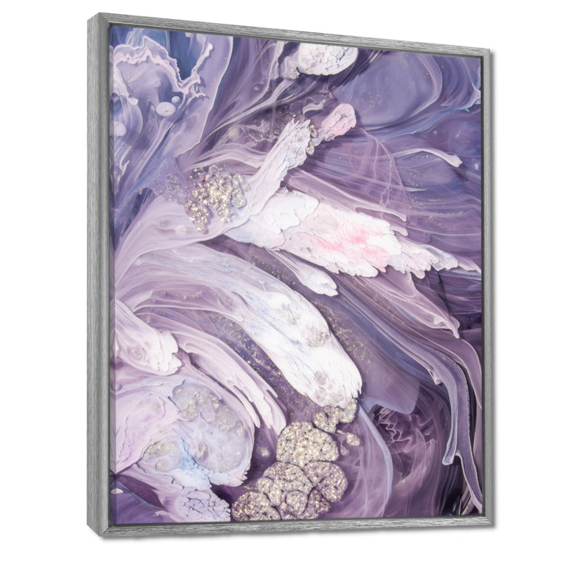 Mauve liquide Art Ripples - art mural moderne sur toile, H 32 po x l 24 po, Reproduction avec cadre flottant, Argent argent