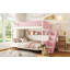 Lit double superposé au-dessus de grand lit double avec escalier à rayures et tablettes latérales, rose-952675850