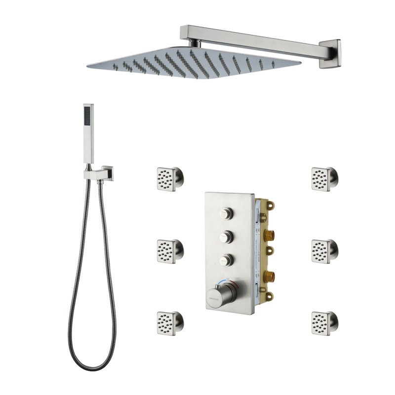 Système de douche thermostatique mural 3 fonctions à 3 fonctions 12 pouces, Nickel brossé