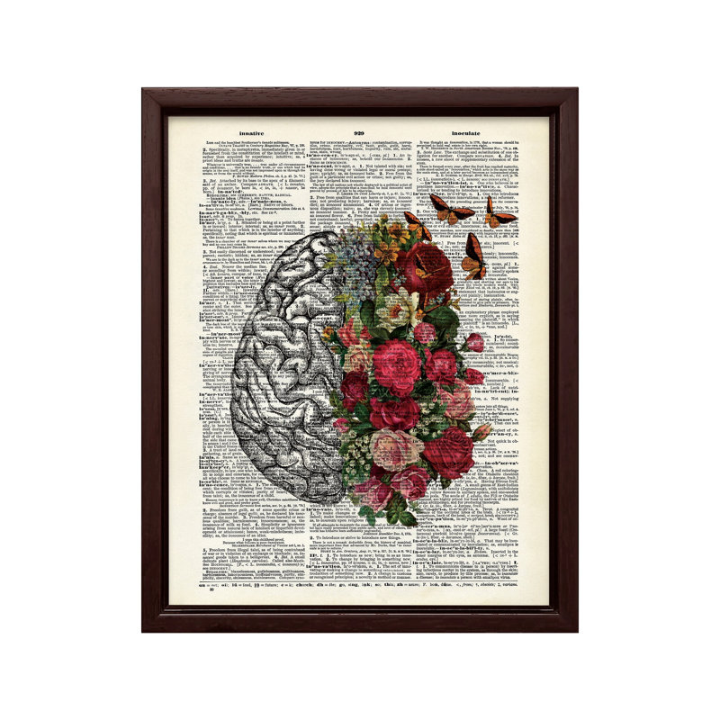 Cerveau et papillons fleuris, Canevas, Encadrement brun, H 11 po x l 14 po
