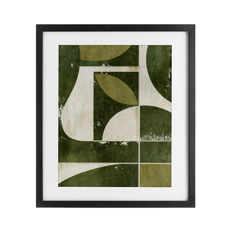 «Earthy Green Tone Shapes», reproduction sous verre encadrée, design par Suzanne Nicoll, Cadre noir minuit, H 16 po x l 13 po