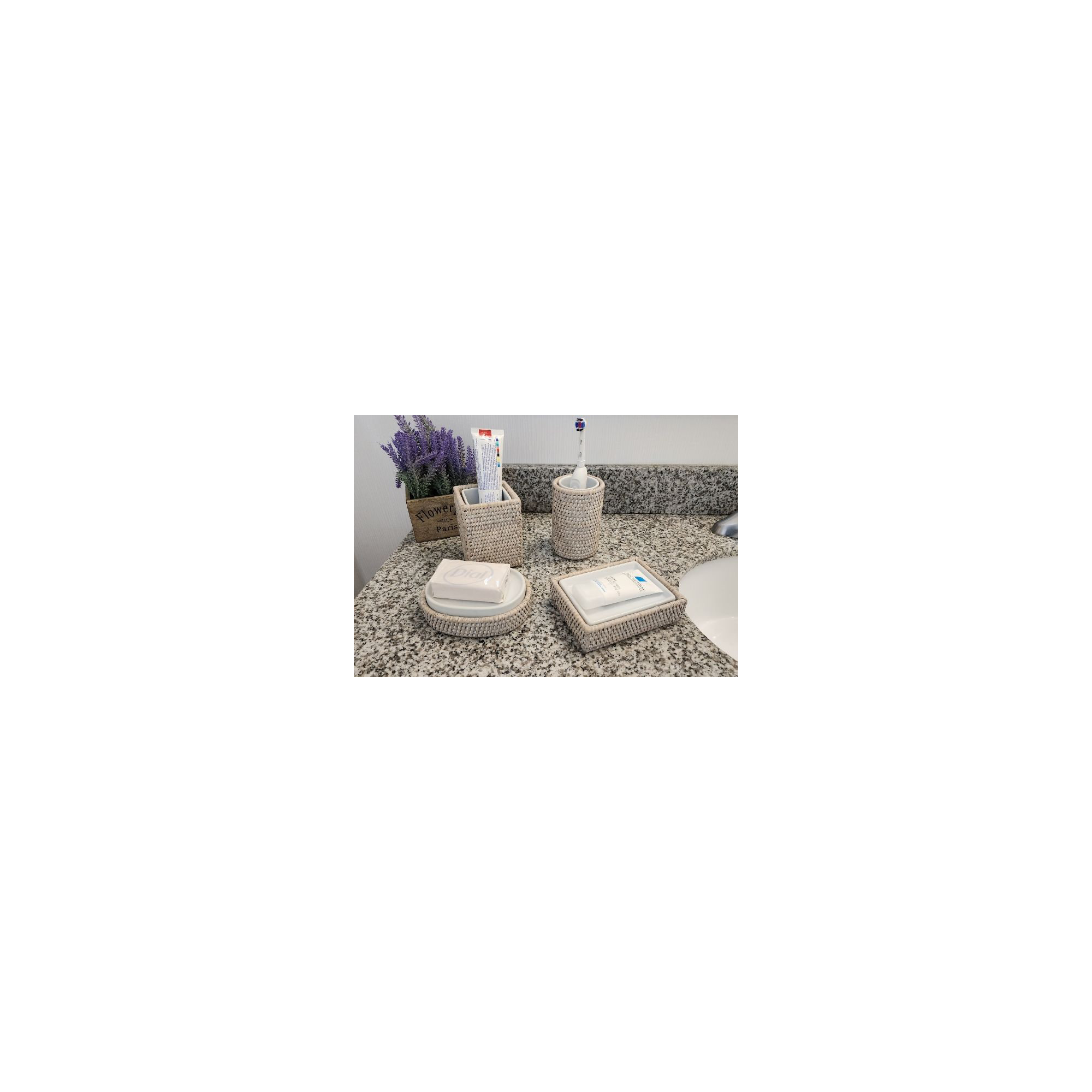 Artifacts Rattan Round Tumbler with Ceramic Insert, White Wash